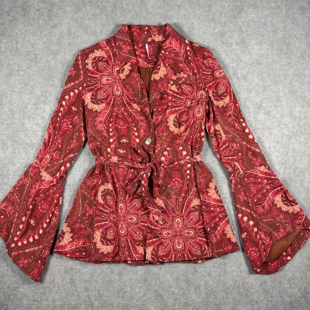 Free People Red Paisley Bell Sleeve Tie Waist Blazer Jacket XS Boho Hippie